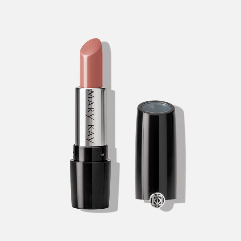 Mary Kay Gel Semi-Shine Lipstick in shade Naturally Buff standing on plain background with cap off