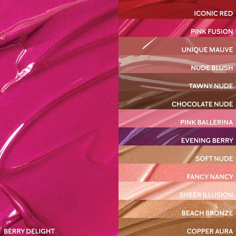 Extreme close up of Berry Delight finish arranged next to remaining shades of Mary Kay Unlimited Lip Gloss.