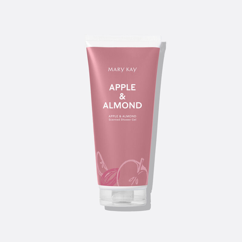 Tube du Gel douche Mary Kay Pomme et amande debout sur son capuchon